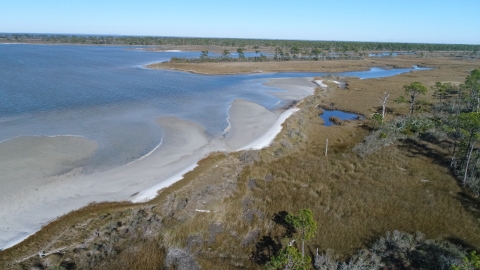 An eastward view of St. Andrews Bay and the Fort Morgan Peninsula in coastal Alabama.