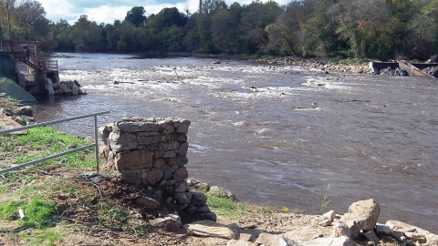 Photo looking upstream on Appamatoox River after Harvell Dam removed. Remnants of dam visible on river banks