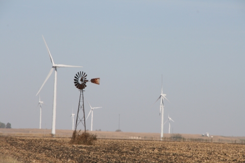 Wind turbines in an agricultural field in northwest Indiana.