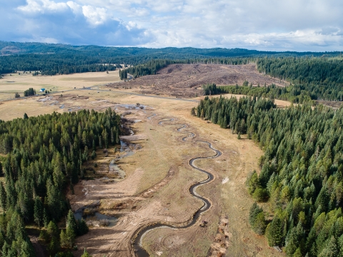 An aerial view of a stream restoration project. The curves in the stream can be seen clearly