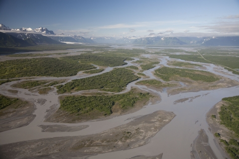 A river delta with mountains in the background
