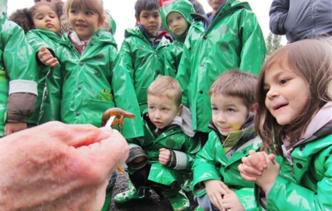 A group of youth “Puddle Stompers” from Head Start find a rough-skinned newt at Tualatin River NWR.