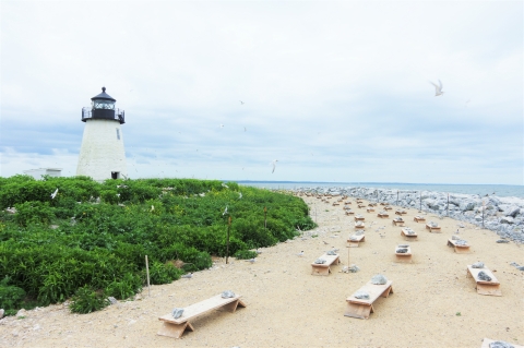 A view of man-made nest structures for terns on an island with a lighthouse
