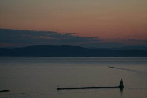 Sunset view of Lake Champlain with Adirondack mountains in the background