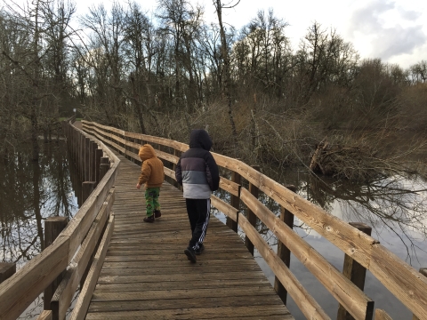Two young children walk along a bridge above a wetland on a winter day.