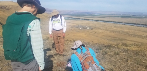 Three biologists in a field
