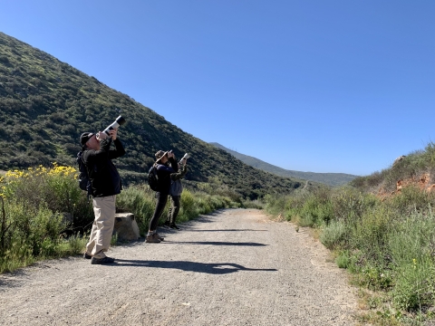 Three photographers stands a few feet next to each other on a trail while photographing something in the sky. 
