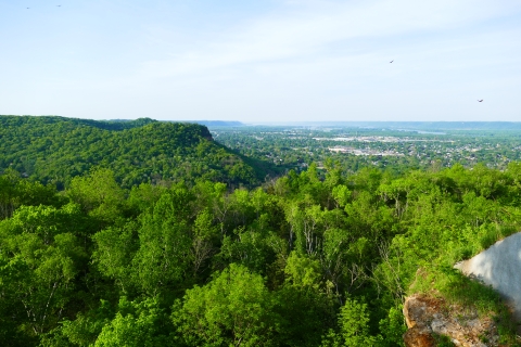 Bluff with green foliage with the city of La Crosse in the distance.