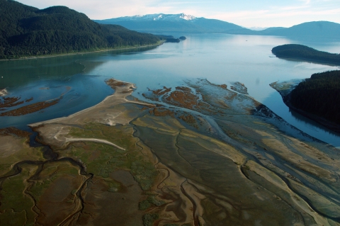 Aerial view of coastal wetland at low tide with snow capped mountains in the background.