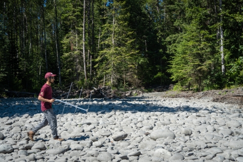 Service Intern, Eric Klingberg, walking along a river bank as he tracks radio tagged fish using an antenna and receiver. 