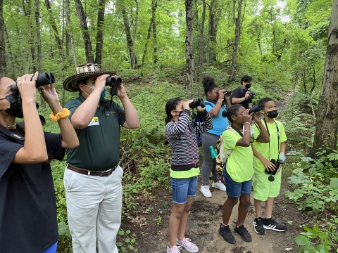 a group of adults and children bird watching with binoculars in a vibrant green forest