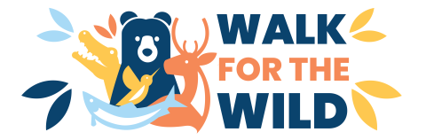 Logo that reads "Walk For The Wild" with a graphic that outlines the heads of a bear, alligator, fish, hummingbird and cervid