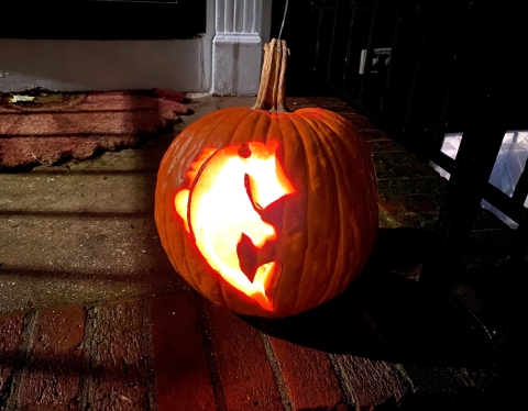 jumping bass fish is carved into a pumpkin that’s sitting near the front door of a house.
