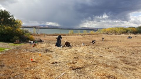 People scattered across a brown hillside, kneeling and standing, with a lake, yellow trees, and dramatic clouds behind.