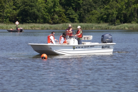 boat in water with FWS employees