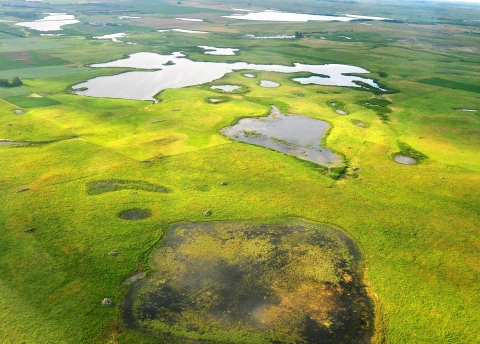 An aerial view of a large grassland easement in the Sand Lake Wetland Management District in North Central South Dakota