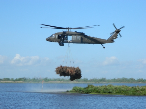 Helicopter dropping a tree into a body of water