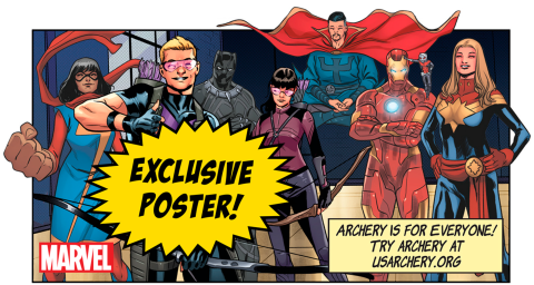 Hawkeye and other Marvel superheroes in comic strip style poster promoting the Archery is for Everyone! campaign 