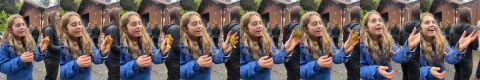 a series of photos showing a woman releasing a yellow bird
