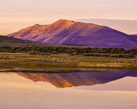 A mountain with grasslands and a wetland at Lower Klamath National Wildlife Refuge during sunset