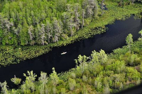 An ariel view of a kayaker on an Okefenokee NWR water trail.
