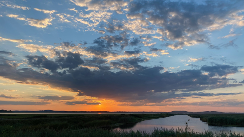 a cloudy sky with a vibrant orange sunset over a vast marsh