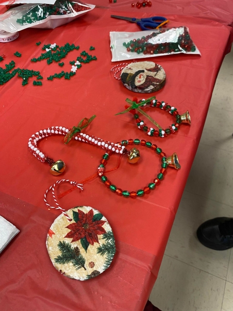 Christmas ornaments displayed on a table