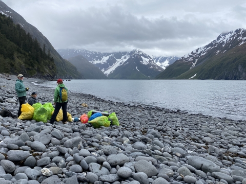 People stand on clean rocky beach with pile of trash bags full of debris they removed.