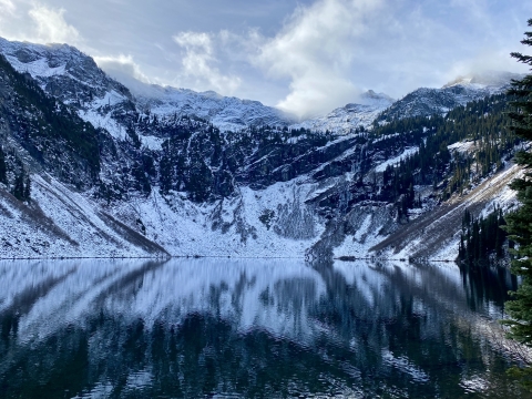 snowcapped mountains with a reflection over a lake