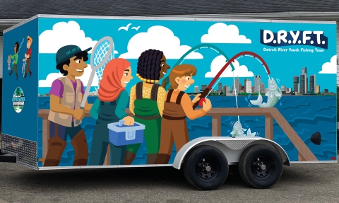 The Detroit River Youth Fishing Team trailer. This enclosed trailer has a graphic of kids fishing from a pier at Detroit River International Wildlife Refuge. A city skyline can be seen in the distance.