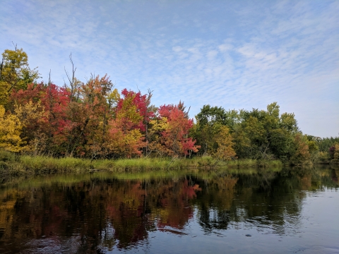 Trees in northern Minnesota turn to fall colors along the water’s edge. 