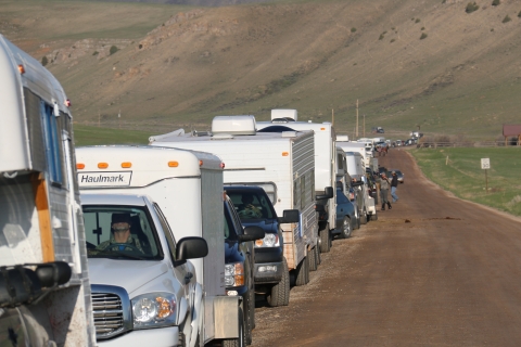 A long line of vehicles forms at National Elk Refuge on opening day of the shed antler hunt season.
