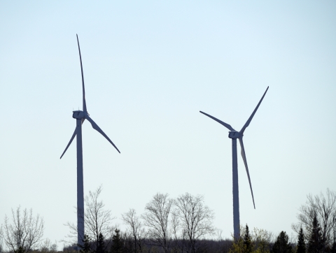 Two wind turbines above the trees
