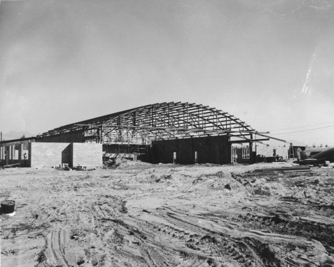 Mid-construction airplane hangar