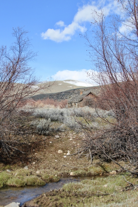 A small cottage on a hill. There is brush and a creek in the foreground. The sky above is blue with white clouds.
