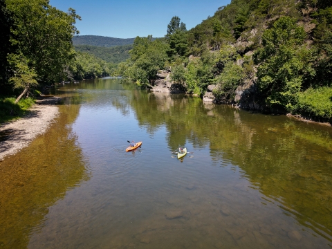 Aerial view of kayaking on the Cacapon river