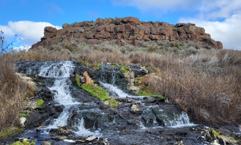 Cascading waterfall in front of a basalt formation