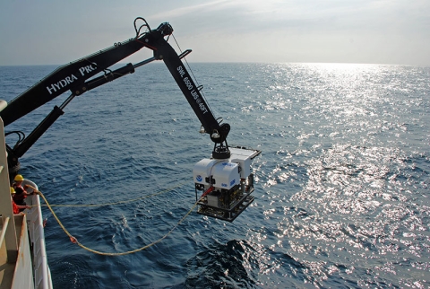 NOAA's new deepwater remotely operated vehicle, Deep Discoverer (D2), is deployed off the fantail of the ship for the first dive of the expedition