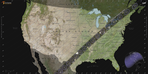 A map of the United States with a large line cut across it that represents the path of the solar eclipse.