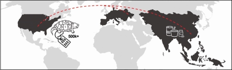 black and white graphic world map highlighting United States and Asia