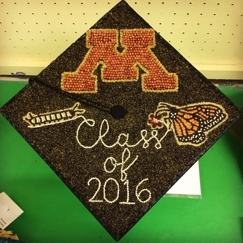 Graduation cap decorated with Monarch Butterflies won the Crop Art Blue Ribbon at the Minnesota State Fair 