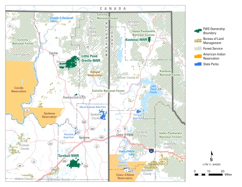 Map of northeast Washington and the Idaho panhandle that shows the location of the three wildlife refuges located in the Inland Northwest National Wildlife Refuge Complex