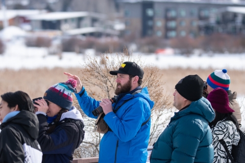 Naturalist pointing to meadow with visitors looking.