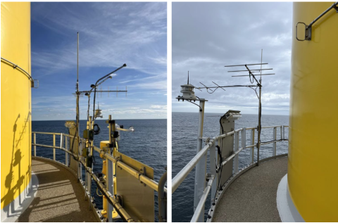 side-by-side images showing antennae mounted on platforms of wind turbines
