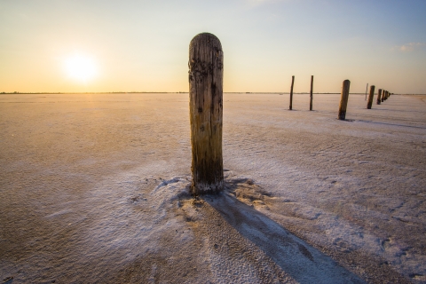 large salt plain devoid of any vegetation, has a series of wooden posts that stretch out for miles. 