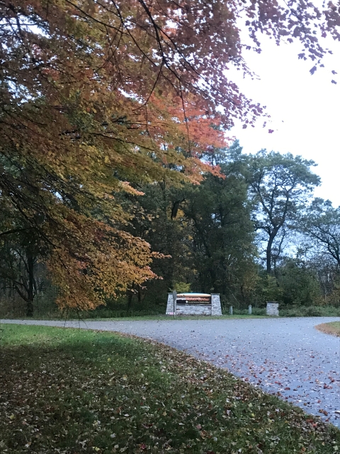 Fall foliage along Headquarters Road and the Visitor Center's sign