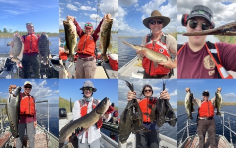 ARM Loxahatchee NWR staff and interns displaying their catches during electrofishing surveys of the Refuge's perimeter canals.