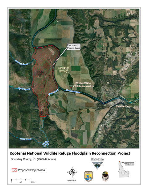 Map showing the proposed area for the Kootenai National Wildlife Refuge Floodplain Reconnection Project
