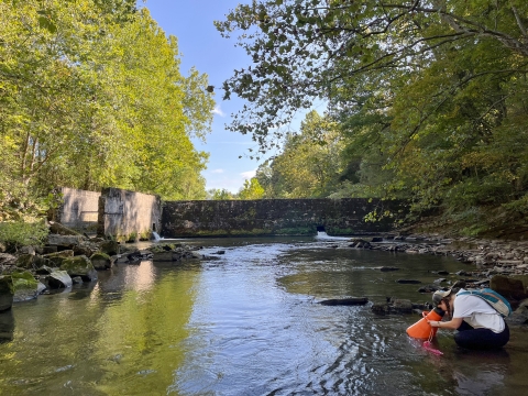 A fish biologist squats on a riverbank, using a tool to observe the river bottom in search for mussels.
