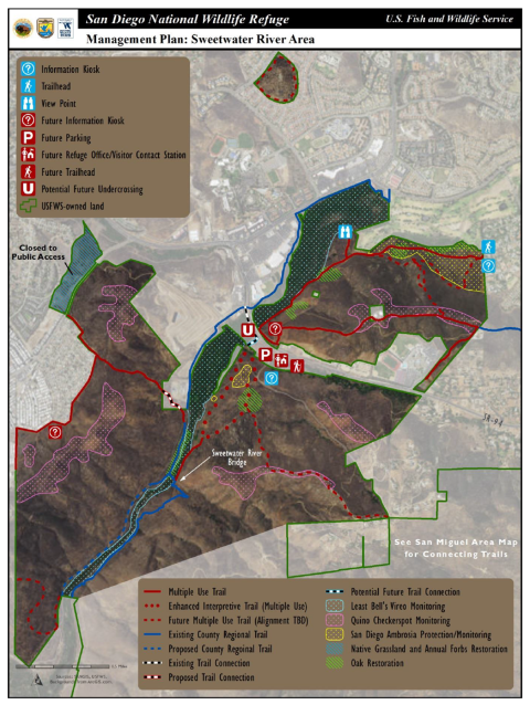 Map of management plan for the Sweetwater River Area of San Diego NWR.